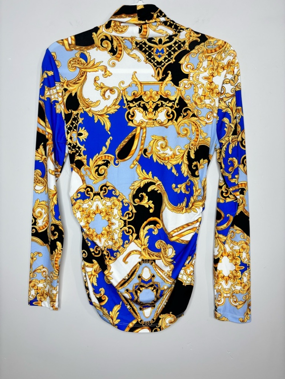 Boston Proper Blue Gold Baroque Ruched Mock Neck Long Sleeve Top Size Small - Picture 7 of 9